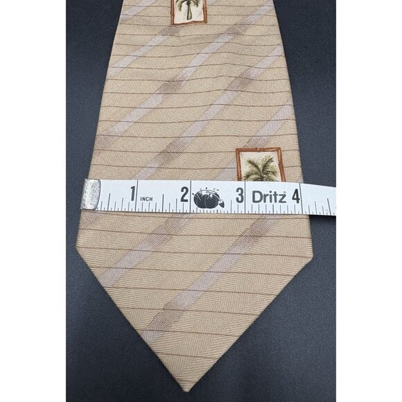 TOMMY BAHAMA Tie Men's 100% Silk Brown Green Strips Palm Trees Windy GUC - Picture 8 of 9